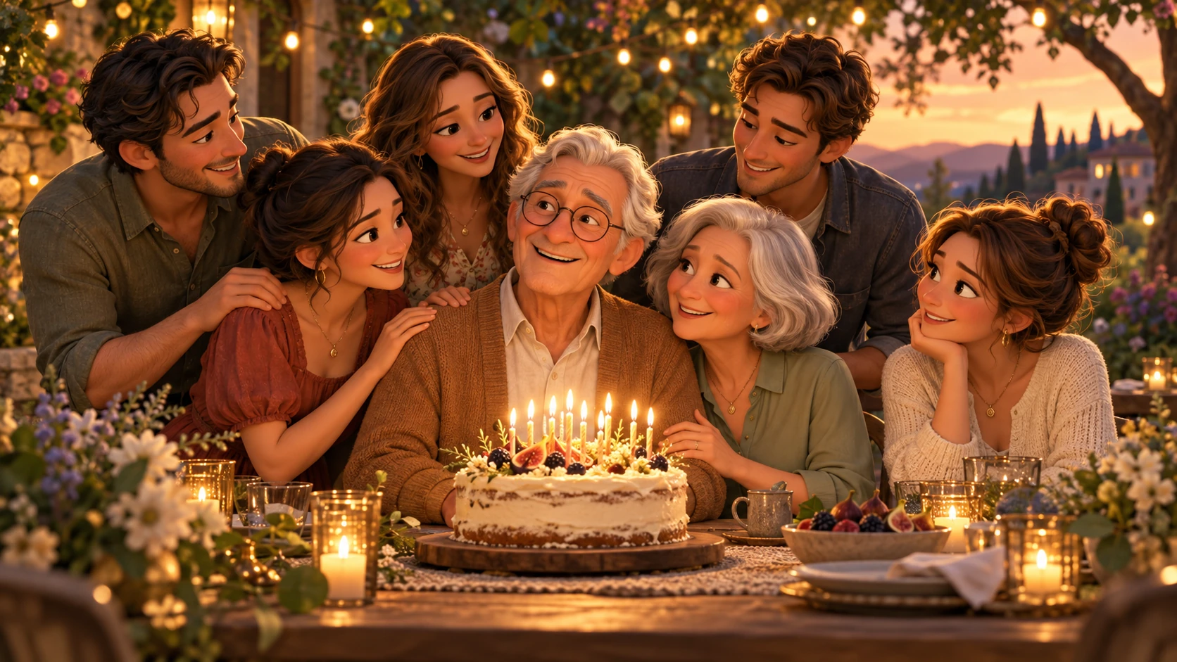 Original illustrative 3D animated family celebrating a grandfather’s birthday together